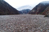 Waste floating in the Drina river near Visegrad, Bosnia, Friday, Jan. 20, 2023