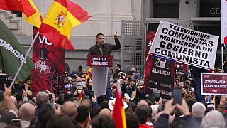 Des personnes protestent contre le gouvernement du Premier ministre espagnol Pedro Sanchez sur la place Cibeles à Madrid, en Espagne, le 21 janvier 2023