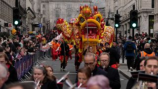 A Chinese dragon from the Chinese Soho society performs during the New Year's Day parade in London.