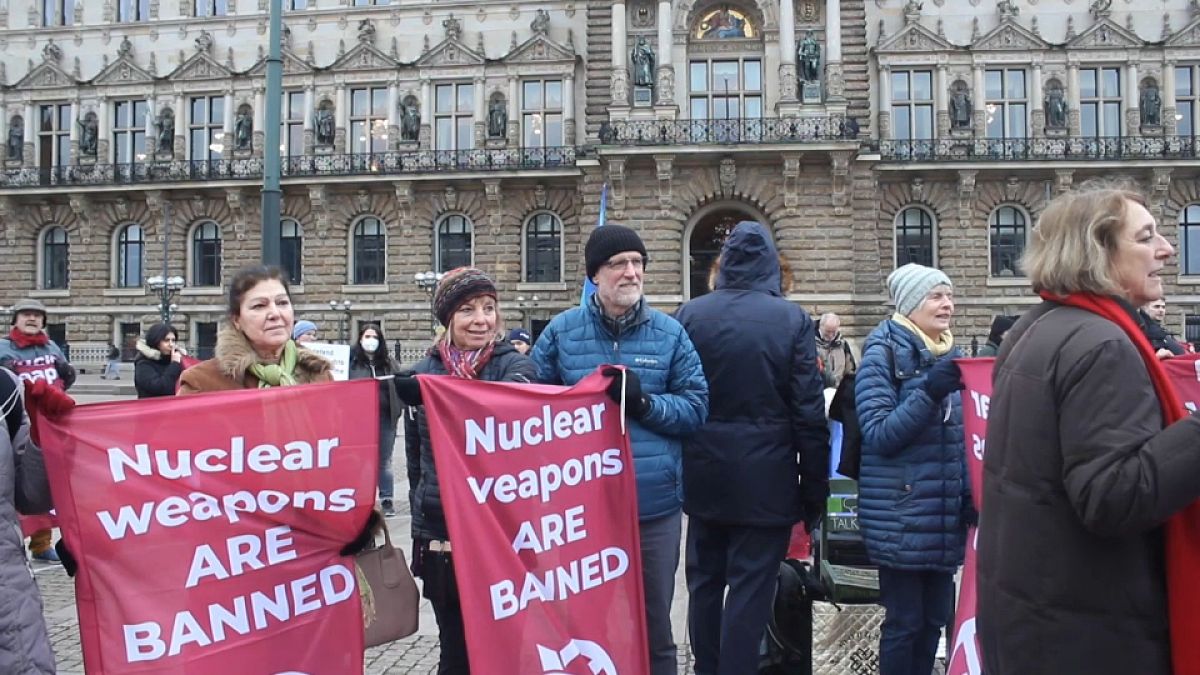 Demonstrators gather in Hamburg against threat of nuclear weapons in Ukraine.