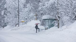 A person approaches a bus stop on a snow covered road in Kocevje, near Ljubljana Slovenia