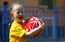 Young girl enjoying the sporting activities at the Special Olympics Moldova Young Athletes Festival held in Chisinau in 2019.