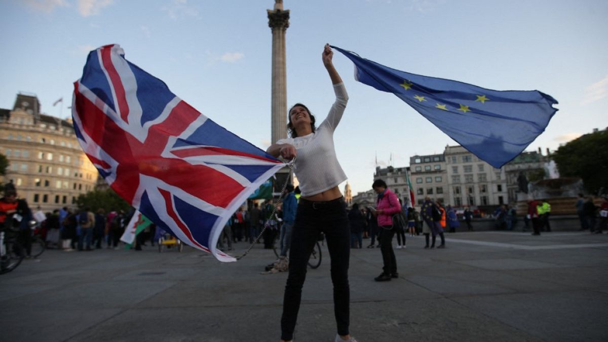 A Pro-European Union protester holds Union and European flags in Trafalgar square during a rally in central London on September 13, 2017