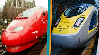 A g. : train Thalys arrivant à Cologne (Allemagne), le 14/12/1997 - A dr. : Eurostar à la gare St Pancras de Londres, le 13/11/2014