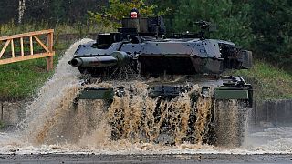 A soldier in a Leopard 2 A7  at the military training area in Munster, northern Germany, on October 13, 2017.