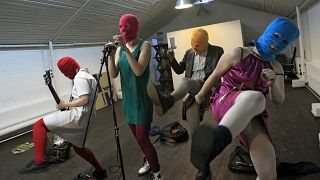 Members of the Russian radical feminist group Pussy Riot during their rehearsal in Moscow, 2012.