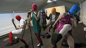 Members of the Russian radical feminist group Pussy Riot during their rehearsal in Moscow, 2012.