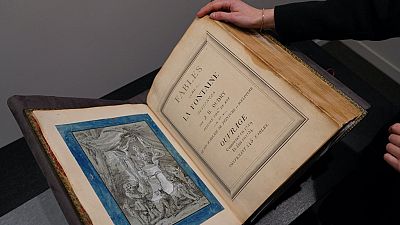 An album of drawings by French artist Jean-Baptiste Oudry for the Fables de Jean de La Fontaine is displayed at Christie's in New York in January 2023