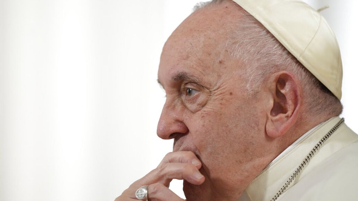 Pope Francis pauses during an interview with The Associated Press at The Vatican, Tuesday, Jan. 24, 2023.