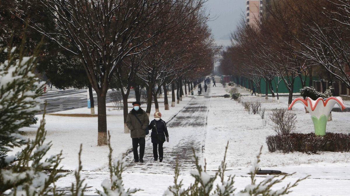 Kuzey Kore'nin başkenti Pyongyang'ın Pothonggang bölgesinde karlı bir caddede yürüyen vatandaşlar 