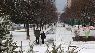 Kuzey Kore'nin başkenti Pyongyang'ın Pothonggang bölgesinde karlı bir caddede yürüyen vatandaşlar