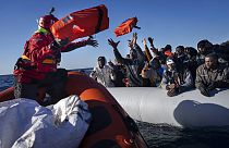 aid workers of the Spanish NGO Aita Mary in the Mediterranean Sea, about 103 miles (165 kms.) from Libya coast on Jan. 28, 2022.
