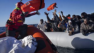 aid workers of the Spanish NGO Aita Mary in the Mediterranean Sea, about 103 miles (165 kms.) from Libya coast on Jan. 28, 2022.