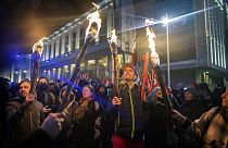Факельное шествие против пенсионной реформы в Бресте на западе Франции, 26 января 2023