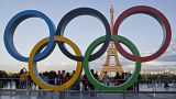 The Olympic rings at the Trocadero plaza that overlooks the Eiffel Tower in Paris