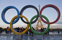 The Olympic rings at the Trocadero plaza that overlooks the Eiffel Tower in Paris