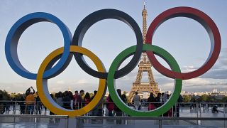 The Olympic rings at the Trocadero plaza that overlooks the Eiffel Tower in Paris