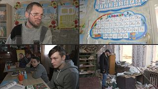 Ukrainian teacher Oleksandr Pogoryelov turns his living room into a classroom.