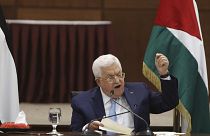 Mahmúd Abbász palesztin elnök a PFSZ főhadiszállásán, Ramalláhban