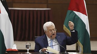Mahmúd Abbász palesztin elnök a PFSZ főhadiszállásán, Ramalláhban