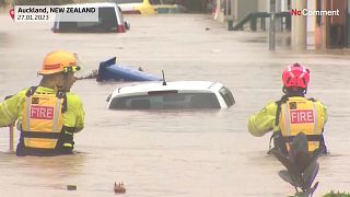 Firefighters try to reach stranded motorists in Auckland, New Zealand