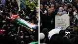 Funerais de um palestiniano morto por soldados israelitas e o de israelitas mortos por um palestiniano