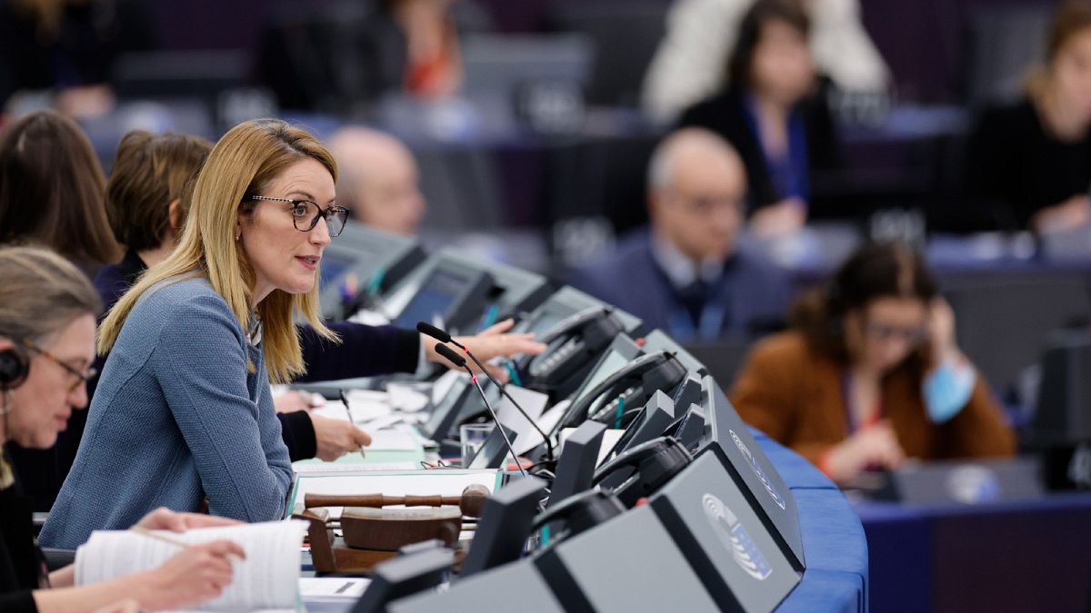 European Parliament's President Roberta Metsola chairs the vote for vice-president of parliament, Jan. 18, 2023 in Strasbourg, eastern France.