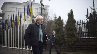 Former British Prime Minister Boris Johnson before his meeting with Ukrainian President Volodymyr Zelenskyy in Kyiv on Sunday. 