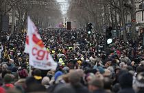 FILE - Protestors march during a demonstration against pension changes, Thursday, Jan. 19, 2023 in Paris. 