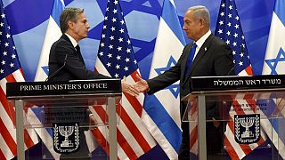 US Secretary of State Anthony Blinken and Israeli Prime Minister Benjamin Netanyahu shake hands after their meeting at the Prime Minister's Office in Jerusalem.