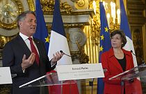 French Foreign Minister Catherine Colonna, right, watches Australian Defense Minister Richard Marles