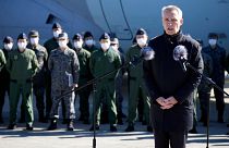 NATO Secretary-General Jens Stoltenberg delivers a speech to personnels of Japan Self Defence Forces at Iruma Air Base in Sayama, northwest of Tokyo, Tuesday, Jan. 31, 2023