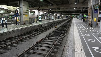 Deserted platforms are pictured at the Montparnasse train station Tuesday, Jan. 31, 2023 in Paris.