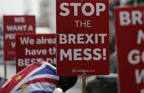 مناهض لخروج بريطانيا من الاتحاد الأوروبي يرفع لافتة كتب عليها "أوقفوا فوضى بريكست" 