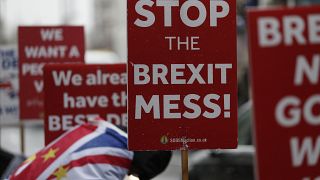 مناهض لخروج بريطانيا من الاتحاد الأوروبي يرفع لافتة كتب عليها "أوقفوا فوضى بريكست"