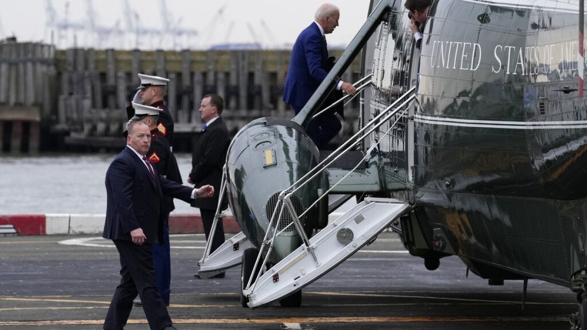 President Joe Biden boards Marine One at the Downtown Manhattan Heliport in New York, Tuesday, Jan. 31, 2023, after speaking at an event on infrastructure. (AP Photo/Susan Wal