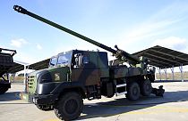 A Caesar self-propelled howitzer is pictured Friday, Jan. 20, 2023 at the Mont-de-Marsan air base, southwestern France