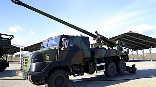 A Caesar self-propelled howitzer is pictured Friday, Jan. 20, 2023 at the Mont-de-Marsan air base, southwestern France