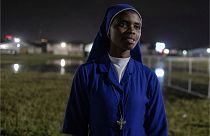 A Catholic nun waits at Ndolo airport in Kinshasa on January 31, 2023, where Pope Francis will celebrate Holy Mass on February 1 