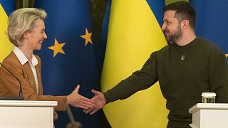 Ukrainian President Volodymyr Zelenskyy, right, and European Commission President Ursula von der Leyen during the EU-Ukraine summit in Kyiv, Ukraine, Feb. 2, 2023.ine, 