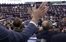 Members of the European Parliament vote at the European Parliament, Jan. 17, 2023 in Strasbourg, eastern France.