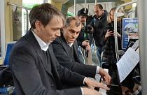 Pianist duo Hervé Billaut and Guillaume Coppola on a Nantes tram