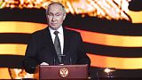 Vlagyimir Putyin a sztálingrádi csata 80. évfordulóján tartott beszéde közben, 2023. február 2.