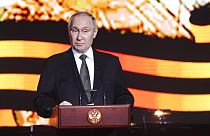 Vlagyimir Putyin a sztálingrádi csata 80. évfordulóján tartott beszéde közben, 2023. február 2.