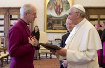 Pope Francis exchange gifts with the Archbishop of Canterbury Justin Welby during a private audience at the Vatican.