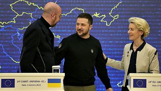 Ukraine President Zelenskyy with EU leaders Charles Michel and Ursula von der Leyen at a media conference at the EU-Ukraine summit in Kyiv, Ukraine, Friday, Feb. 3, 2023.