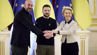 (L-R): Charles Michel, Volodymyr Zelenskyy and Ursula von der Leyen at the EU-Ukraine summit in Kyiv, Ukraine, Friday, Feb. 3, 2023. 