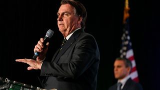 Brazil's former President Jair Bolsonaro speaks at an event hosted by conservative group Turning Point USA, at Trump National Doral in Miami.