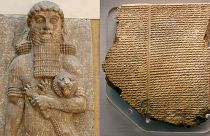 لوح باستانی در کنار مجسمه به دست آمده از معبد قدیمی متعلق به عصر آشور در خورساباد عراق کنونی