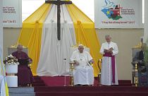 Pope Francis attends an ecumenical prayer at John Garang Mausoleum in Juba, South Sudan, Saturday, Feb. 4, 2023.